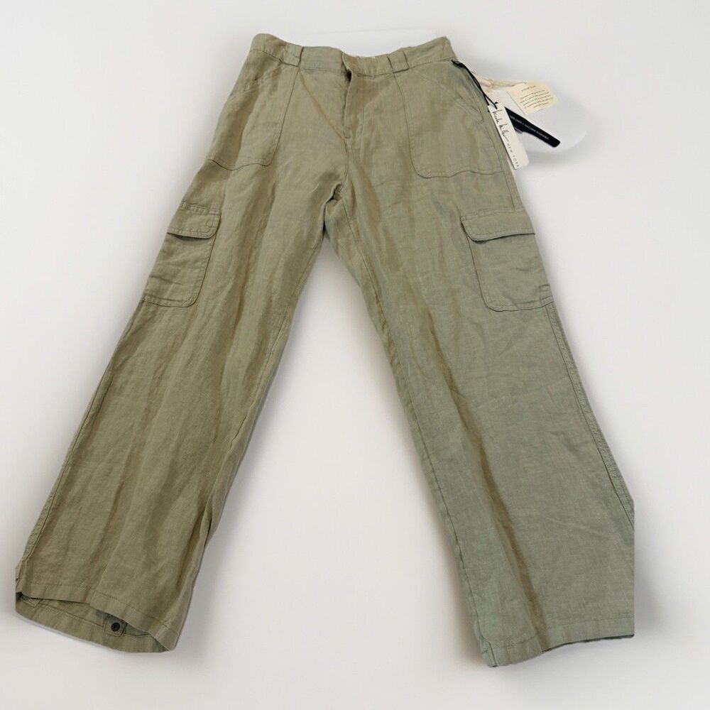 Nicole Miller 100% Linen Wide Leg Pants Women's Size M Green Boho Cargo Pockets